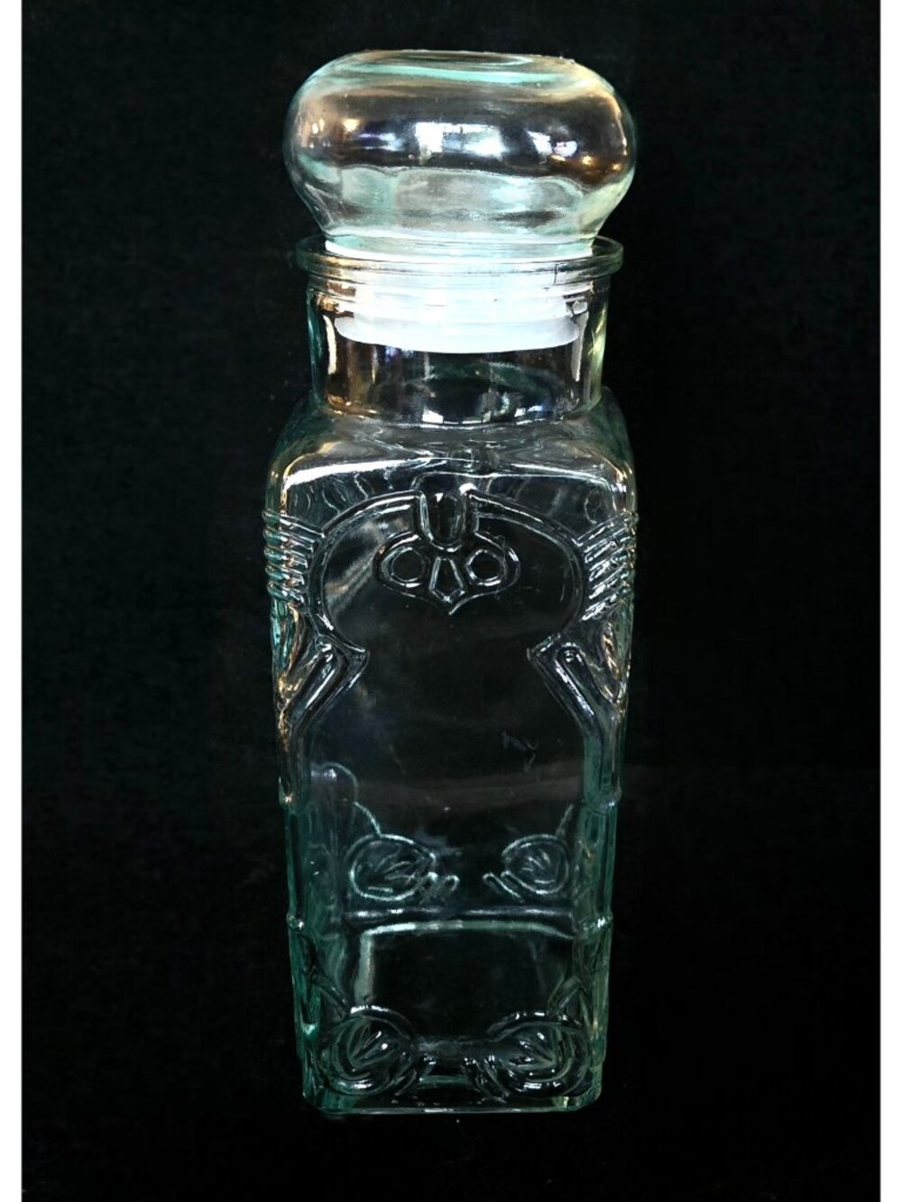 Vintage Clear Glass Apothecary Jar With Ornate Embossed Owl Design And Fitted Bu
